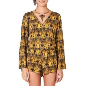 Farm Rio Long Sleeve Romper All Over Owl Print Small Gold Black Animals Bohemian